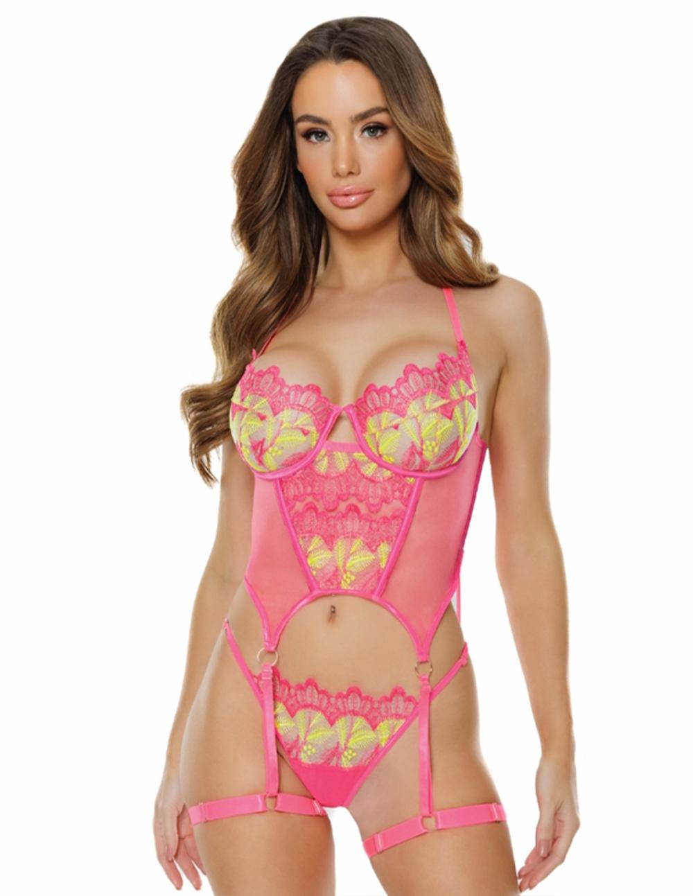 Bra & Panty Sets | Neon Floral Embroidery Bustier & Thong Set Bra & Panty Sets Bra & Panty Sets